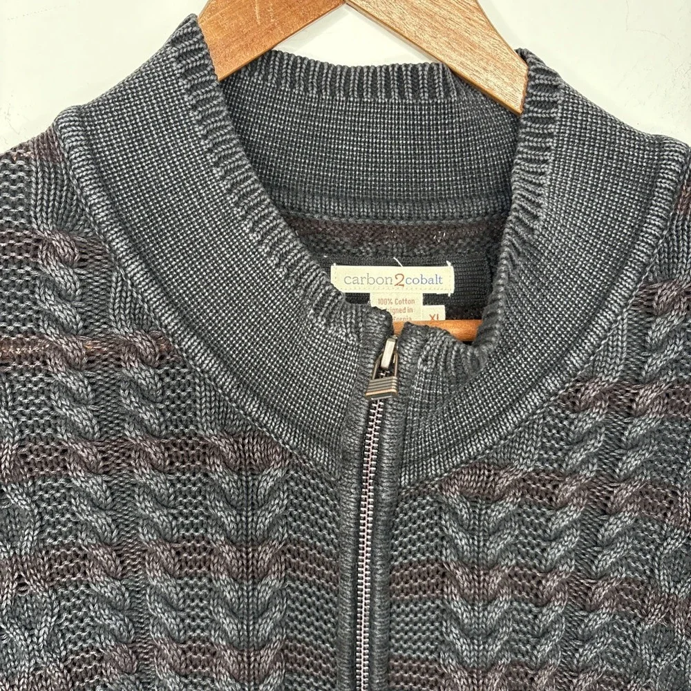 Carbon 2 Cobalt Sweater Mens XL Gray Zip Cardigan 3D Cable Knit Textured Cotton